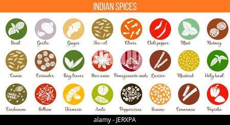 Big vector set d'épices culinaires populaires silhouettes. Le gingembre, piment, ail, muscade, anis, etc. Illustration de Vecteur