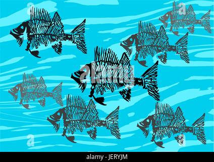 Bleu, animal, poisson, squelette, os, arêtes de poisson, cartoon, vector, bleu, l'art, Illustration de Vecteur