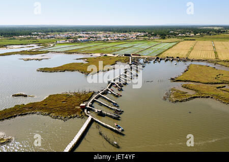 Vue aérienne du port de pêche de Carrasqueira palafitte. Alentejo, Portugal Banque D'Images