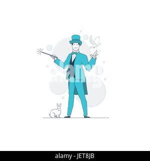 Illustration vecteur de concept. Magicien holding baguette magique. Lapin blanc et blanc pigeon au magicien. Illustration de Vecteur