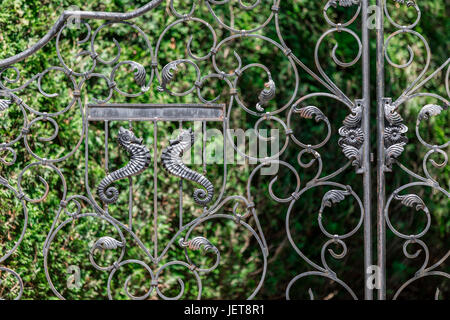 Détail image d'un black metal gate orné avec les hippocampes, Southampton, ny Banque D'Images