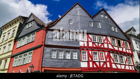 Les bâtiments historiques à Eisenmarkt dans la pittoresque vieille ville de Wetzlar, Hesse, Allemagne Banque D'Images