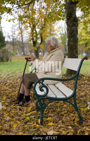 Les cadres supérieurs, parc-banc, s'asseoir, pensivement, feuillage de l'automne, modèle sorti, Parc, bois, selle, femme, vieux, gens, selle, seul, sur le côté, vue, malheureusement, seul, marche à pied-de-chaussée, vêtements, veste, beige, rock, saison, automne, Banque D'Images