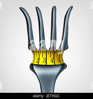 Ruban à mesurer sur fourche représentant un symbole de serrage de la courroie d'alimentation comme une réduction de l'apport calorique et de vie sain comme une icône 3D illustration. Banque D'Images