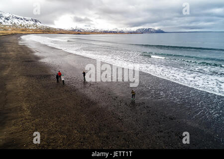 Vue aérienne de la plage de sable noir de Brimilsvellir d'Islande. Banque D'Images