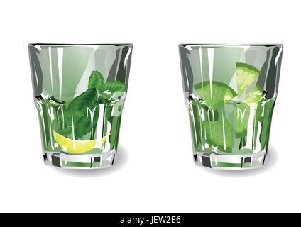 Le verre, calice, tumbler, boissons, feuille, boire, boire, bavoirs, isolé, Illustration de Vecteur