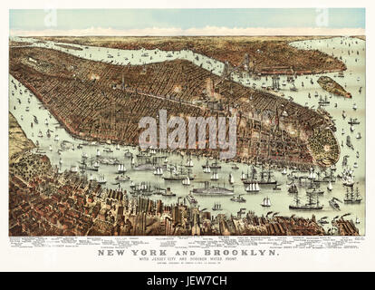 Ancienne Vue aérienne de New York avec Jersey City et Haboken avant l'eau. Par Parsons & Atwater, Ed. Currier & Yves, New York, 1892. Banque D'Images