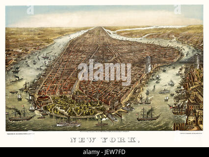 Ancienne Vue aérienne de New York. Par Geroge Schlegel. Publ. Geo. Degen, New York, 1873 Banque D'Images