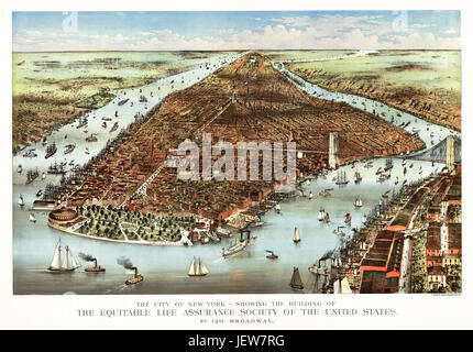 Ancienne Vue aérienne de New York, montrant la construction d'Equitable Life Assurance Society. Currier & Yves, New York, 1883 Banque D'Images