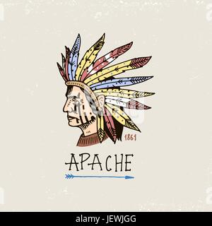 Ensemble de vintage, gravé à la main, vieux, ou étiquettes d'Indien ou d'Américains autochtones. face avec plumes, Comanche. Illustration de Vecteur