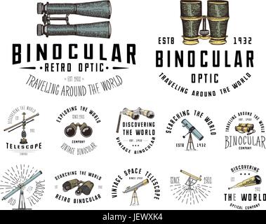 Logo emblème binoculaire ou l'étiquette instruments astronomiques, les oculaires télescopes et jumelles, quadrant, sextant gravé en bois faites à la main ou vintage style coupe , vieux sketch de lunettes. Illustration de Vecteur