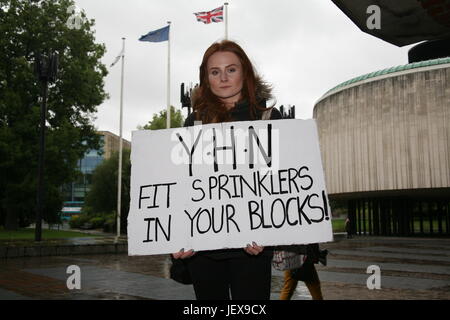 Newcastle, Royaume-Uni. 28 Juin, 2017. Manifestation à Newcastle Upon Tyne, centre civique pour forcer votre Homes Newcastle pour s'adapter à toutes les têtes dans leurs 38 tour de blocs et de les rendre sans danger d'incendie après l'incendie, catastrophe Tour Grenfell UK Crédit : David Whinham/Alamy Live News Banque D'Images