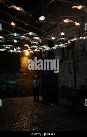 Jérusalem, Israël. 28 Juin, 2017. Les visiteurs apprécient 'Fly' par Itzik Iluz d'Israël. Jérusalem a lancé son 9e Festival International de la lumière lumineuse affichant des installations d'art créé par des artistes locaux ou internationaux. Credit : Alon Nir/Alamy Live News Banque D'Images