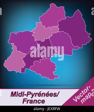 Carte des frontières de midi-pyrnes avec des limites en violet Illustration de Vecteur