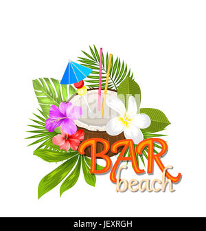 Cocktail de coco illustration en été avec la garniture et la paille, les poster avec les fleurs exotiques et les feuilles - Banque D'Images