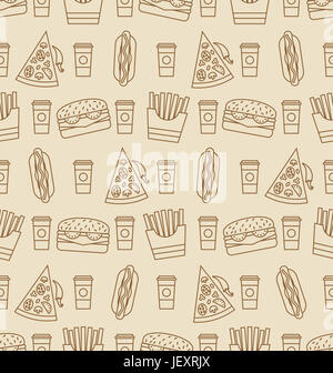 Illustration avec motif transparent de la restauration rapide. Icônes de contour des hot-dogs, hamburgers, des tranches de pizza, frites, café - Banque D'Images