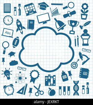 Kit de l'éducation Télévision Illustration Icônes simples sur la grille de l'école - feuille de papier Banque D'Images