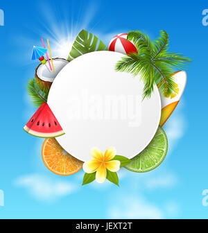 Carte de nettoyage avec Cocktail de noix de coco, pastèque, orange Coupe de fruits, feuilles de palmiers et de fleurs. L'heure d'été, des vacances - Illustration Banque D'Images