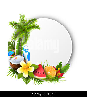 Carte avec Cocktail de noix de coco, pastèque, orange Coupe de fruits et de fleurs. L'heure d'été, des vacances - Illustration Banque D'Images