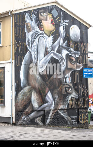 Reykjavik, Islande de poésie du mur, sur la rue Laugavegur. Inspiré par la chanson "Tuttugu og Eitthvað" par Úlfur Úlfur. Banque D'Images