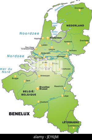 Belgique, Pays-Bas, Benelux, Carte, frontières, frontières, Luxembourg, atlas, la carte Illustration de Vecteur