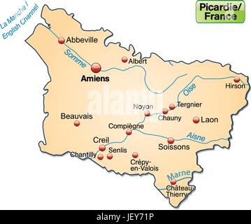 France, Orange, carte, atlas, carte du monde, carte, Isle, Île, Picardie, Illustration de Vecteur