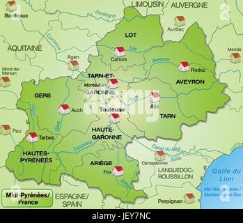 La carte de midi-pyrnes frontières avec internet en vert Illustration de Vecteur