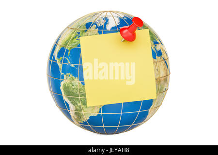 Pousser l'axe avec post-it jaune vide sur un globe, rendu 3D Banque D'Images