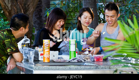 Des couples asiatiques cuisson sur barbecue électrique Banque D'Images