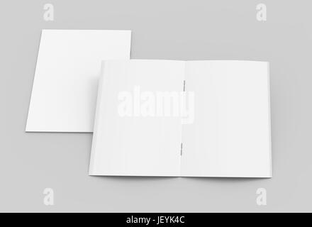 Deux brochures blanc rendu 3D pour la conception d'utilisation, ouvrir, fond gris isolé elevated view Banque D'Images