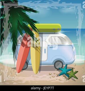 Concept d'été avec retro bus sur la plage,vector Illustration de Vecteur