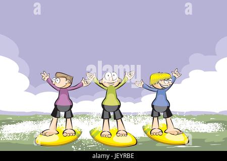 Trois surfeurs sur leurs conseils. Illustration vecteur conceptuel. Illustration de Vecteur