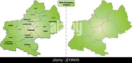 Carte de l'ile de midi-pyrnes avec des limites en vert Illustration de Vecteur