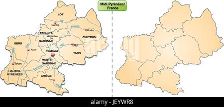 Carte de l'ile de midi-pyrnes limites dans pastelorange avec Illustration de Vecteur