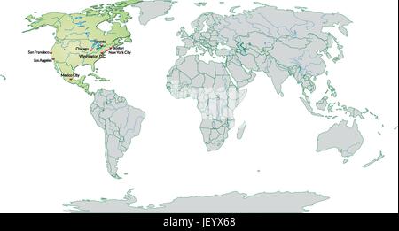 Carte de l'Amérique du Nord avec les capitales en vert pastel Illustration de Vecteur