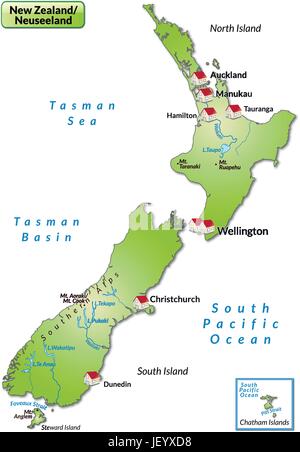 Carte de l'ile de la Nouvelle-Zélande comme l'infographie en vert Illustration de Vecteur