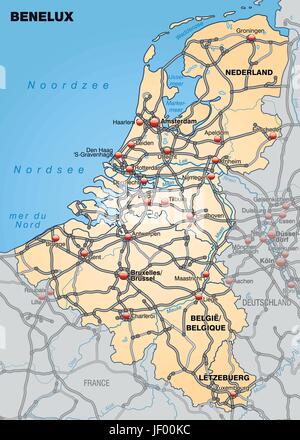 Carte des pays du Benelux avec réseau de transport dans l'orange pastel Illustration de Vecteur