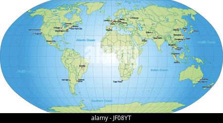 Carte des capitales du monde en vert pastel Illustration de Vecteur