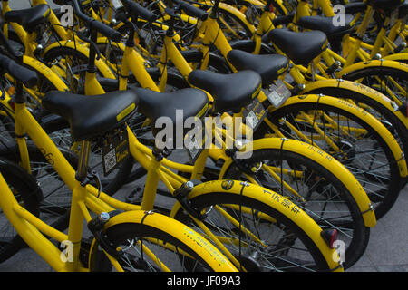 Des vélos à Public rues de Shenzhen, Guangdong, en république populaire de Chine ; vélo Ofo opérateur - vélos jaunes Banque D'Images