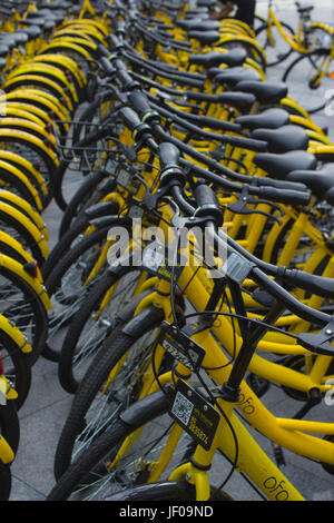 Des vélos à Public rues de Shenzhen, Guangdong, en république populaire de Chine ; vélo Ofo opérateur - vélos jaunes Banque D'Images