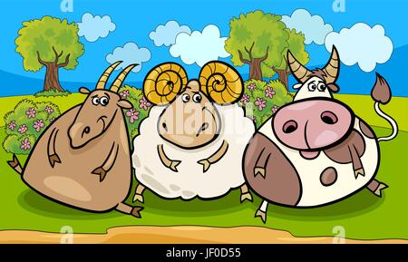 Les animaux, Bull, chèvre, illustration, ram, de l'élevage, la ferme, la caricature, la bande dessinée, arbre, Illustration de Vecteur