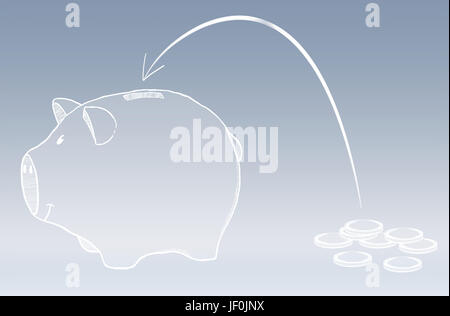 Tirelire dessiné à la main avec le vol des croquis sur fond gris Banque D'Images