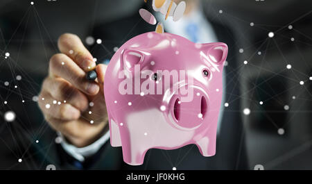 Businessman sur fond flou holding piggy bank with flying coins entrer à l'intérieur de rendu 3D Banque D'Images