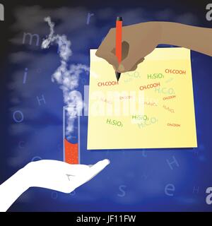 La chimie. Concept de la découverte. La main est l'écriture d'un marqueur sur l'étiquette. Illustration pour votre conception. Avec un tube à essai dans la main. Illustration de Vecteur
