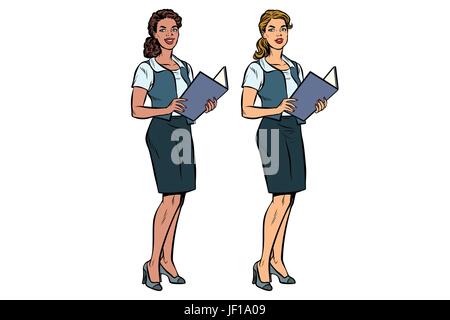 Deux femmes secrétaire pleine longueur, groupe multiethnique Illustration de Vecteur
