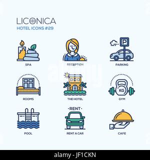 Hôtel - vecteur ligne moderne télévision design icons set. Spa, réception, parking, prix, sport, kettlebell, poids, barbell, la piscine, l'eau, location de voiture, café. Avoir un Illustration de Vecteur