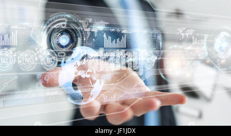 L'écran holographique avec données numériques utilisés par l'homme d'affaires sur fond flou de rendu 3D Banque D'Images