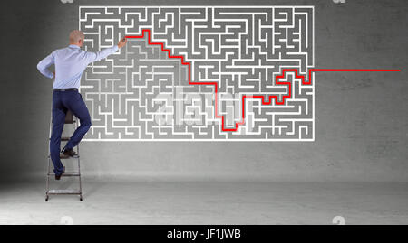 En homme d'intérieur moderne labyrinthe recherche sur un mur de la solution de rendu 3D Banque D'Images
