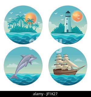 Fond blanc avec des cadres colorés de l'été jeu circulaire temps ocean Illustration de Vecteur
