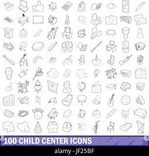 100 Centre de l'enfant, style contour icons set Illustration de Vecteur